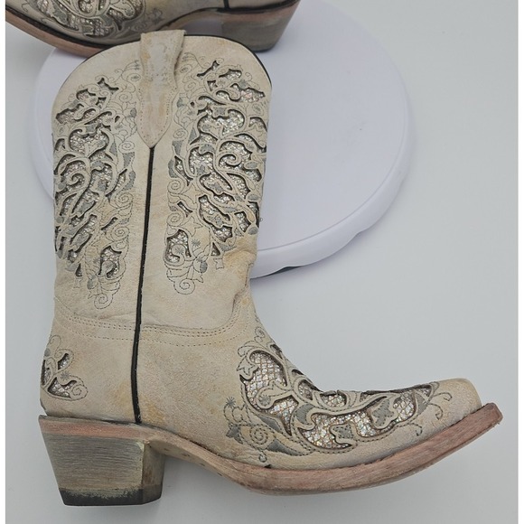Corral T0021 Cream Glitter Inlay Snip Toe Boots Youth Toddler Wedding Sz 2T *EUC - Picture 6 of 15